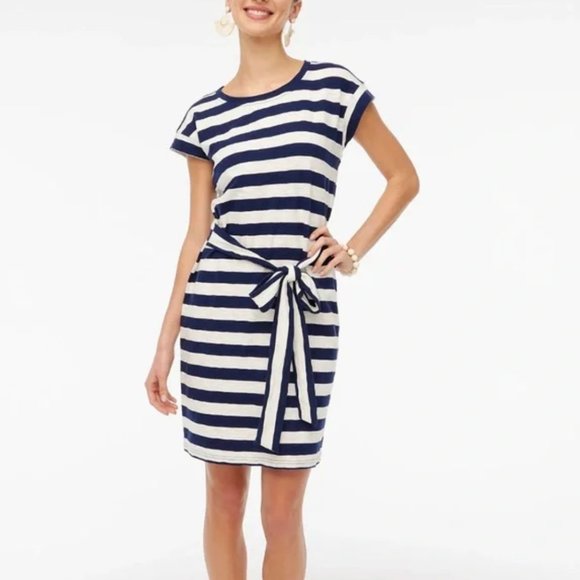 J Crew NWT $60 Navy Ivory Striped Tie Waist T-Shirt Dress in 100% Cotton szXL - Picture 2 of 15